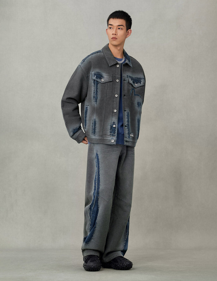 Washed Distressed Seagull Print 3D Cut Jeans