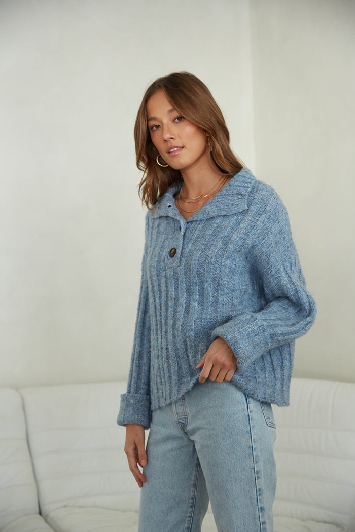 how to style a light blue sweater for winter