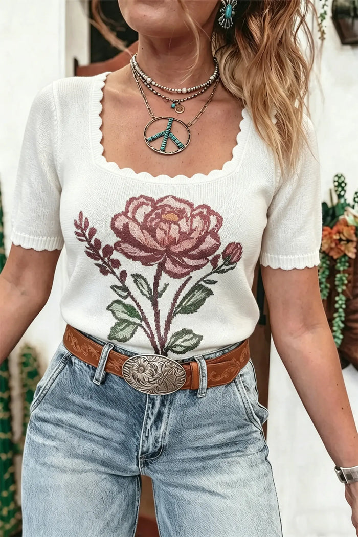 Western Floral Print Short Sleeve Square Collar Knit Sweater – White
