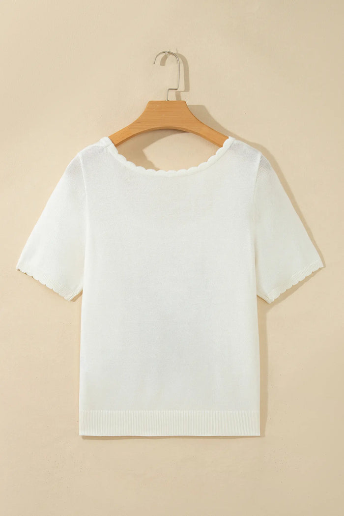 Western Floral Print Short Sleeve Square Collar Knit Sweater – White