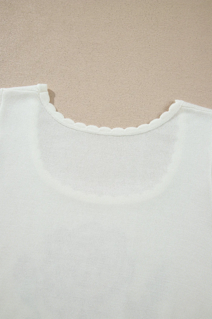 Western Floral Print Short Sleeve Square Collar Knit Sweater – White