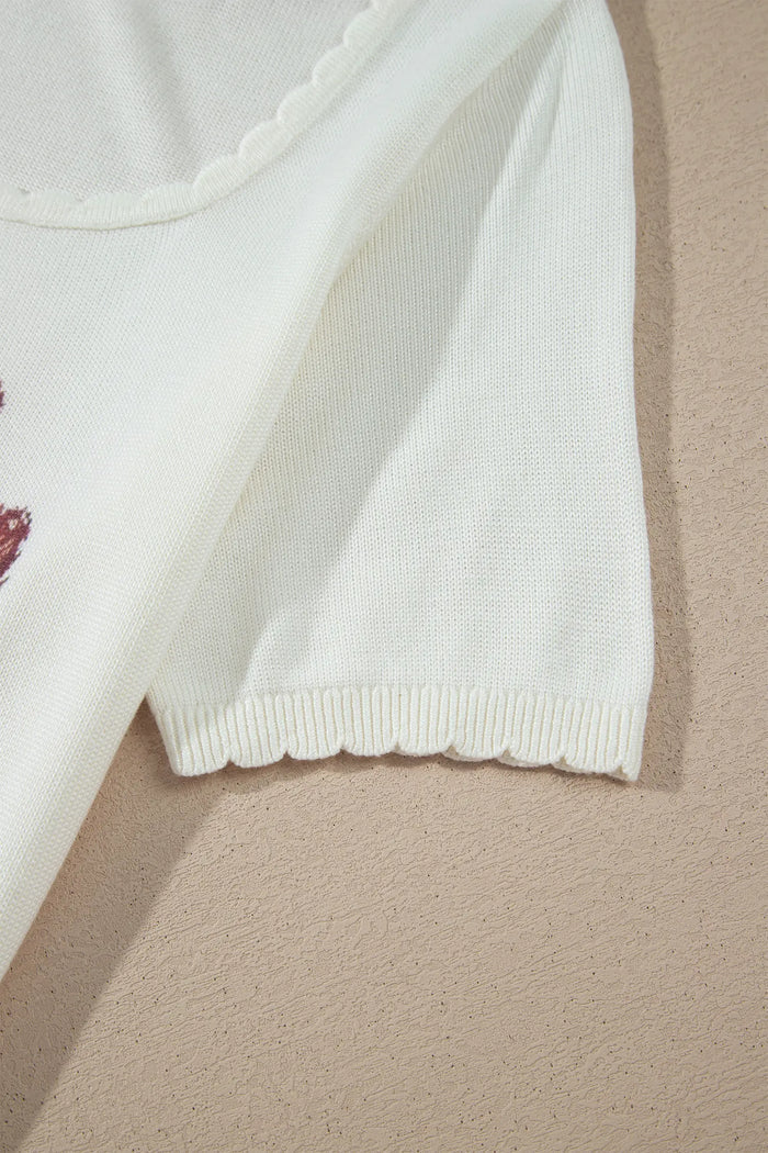 Western Floral Print Short Sleeve Square Collar Knit Sweater – White
