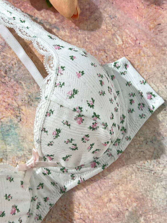 White Floral Print Push Up Bra for Women – Underwire Padded Bra – Lace Trim Shein Style Feminine Lingerie