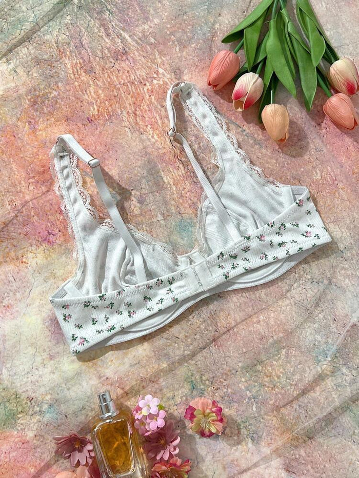 White Floral Print Push Up Bra for Women – Underwire Padded Bra – Lace Trim Shein Style Feminine Lingerie
