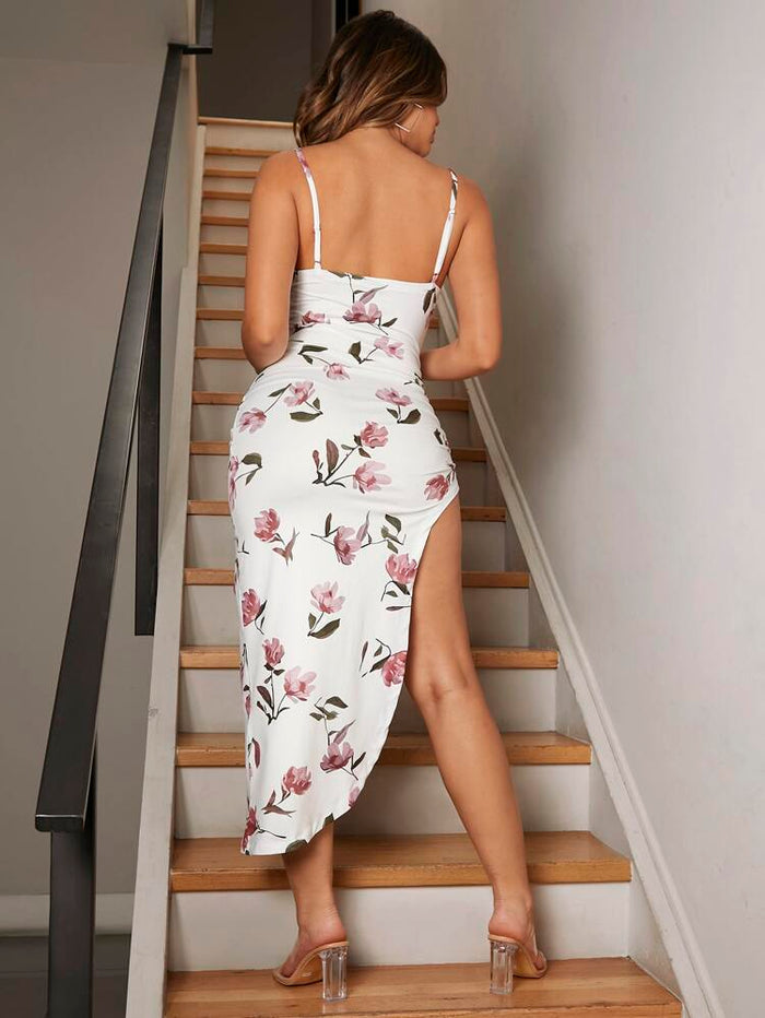 White Floral Ruched Drawstring Slit Maxi Dress – Spaghetti Strap Bodycon Party Dress for Women