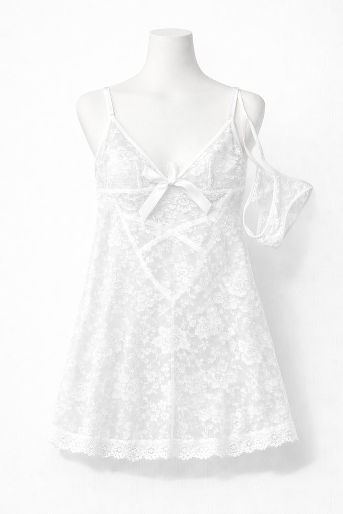 White Lace Babydoll Lingerie Set – Sheer Floral Slip Dress with Matching Panty for Women