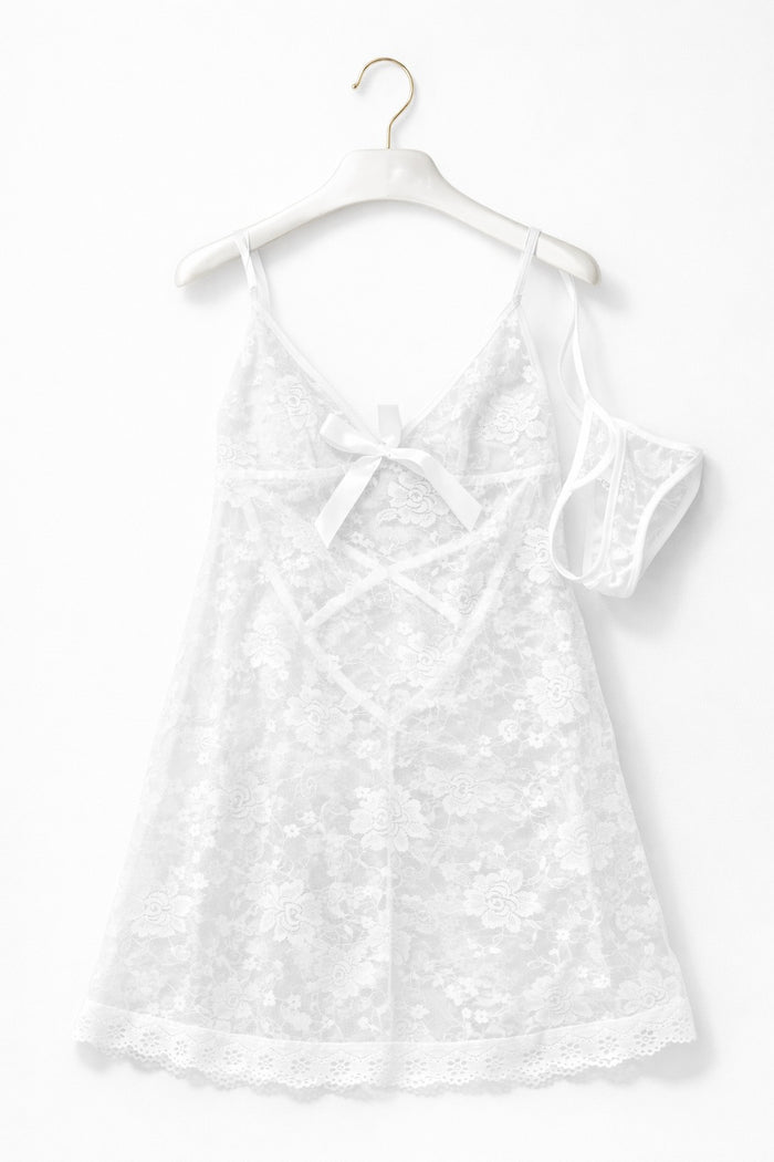 White Lace Babydoll Lingerie Set – Sheer Floral Slip Dress with Matching Panty for Women