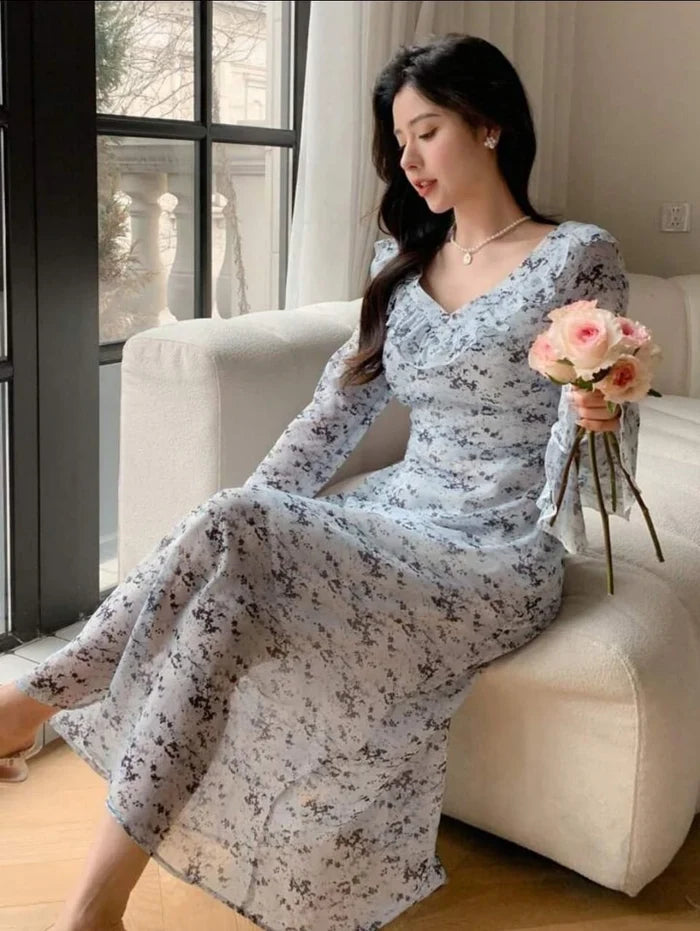 White Lace Midi Dress â€“ Soft All-Over Pattern â€“ Long Flared Sleeves