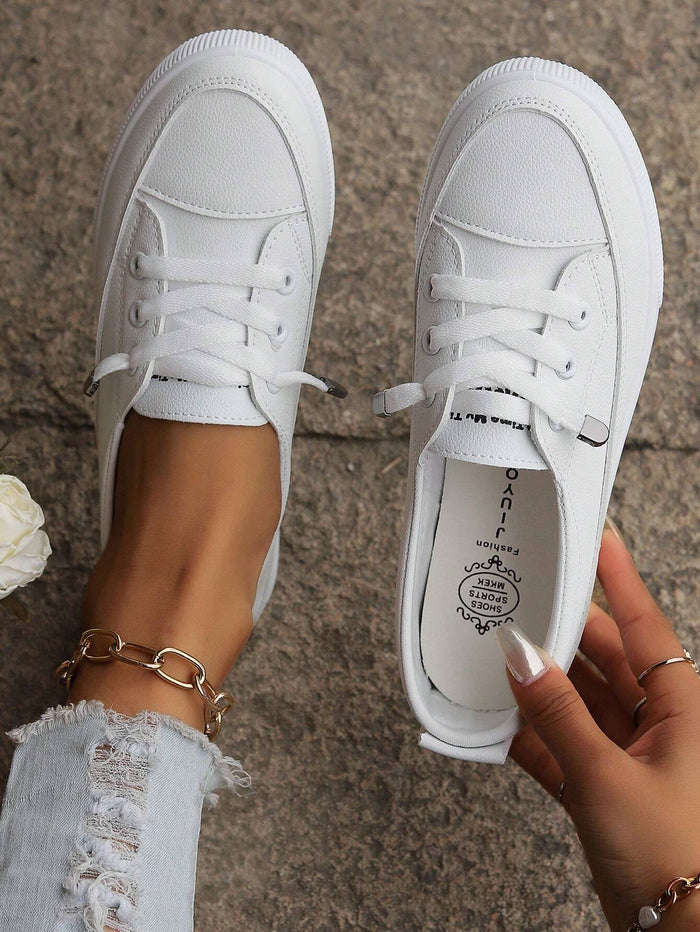 White Lace Up Platform Sneakers – Casual Low Top Everyday Shoes for Women