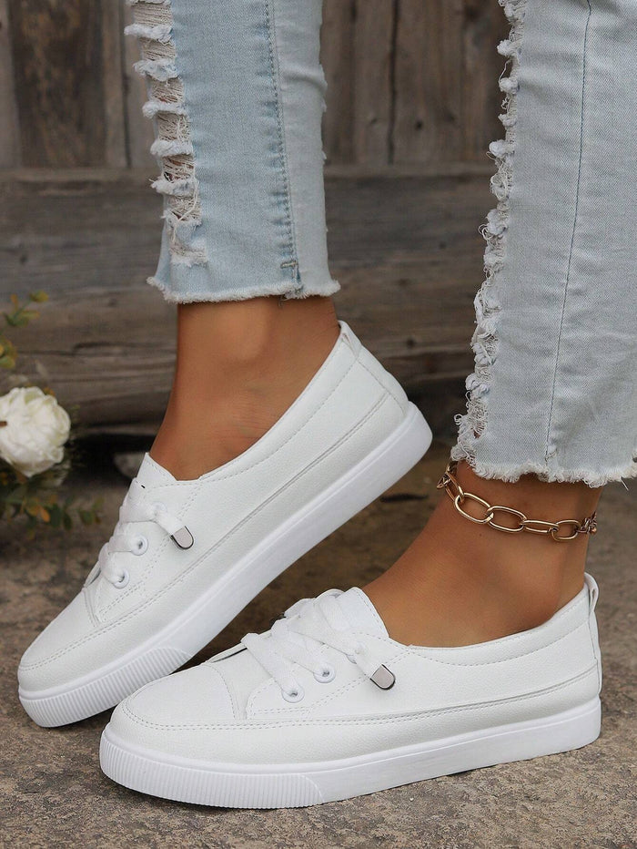 White Lace Up Platform Sneakers – Casual Low Top Everyday Shoes for Women