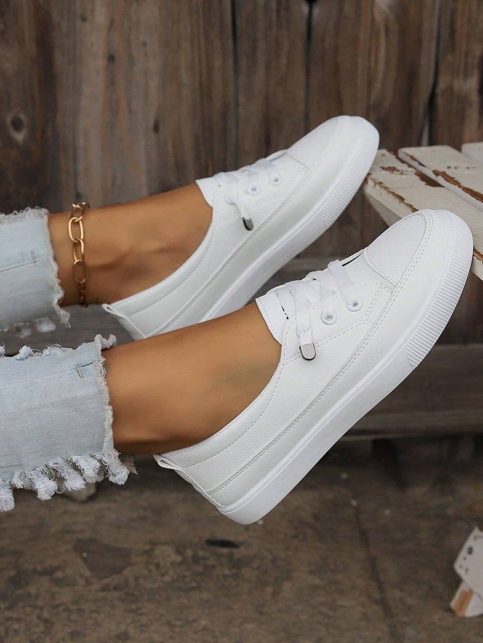 White Lace Up Platform Sneakers – Casual Low Top Everyday Shoes for Women