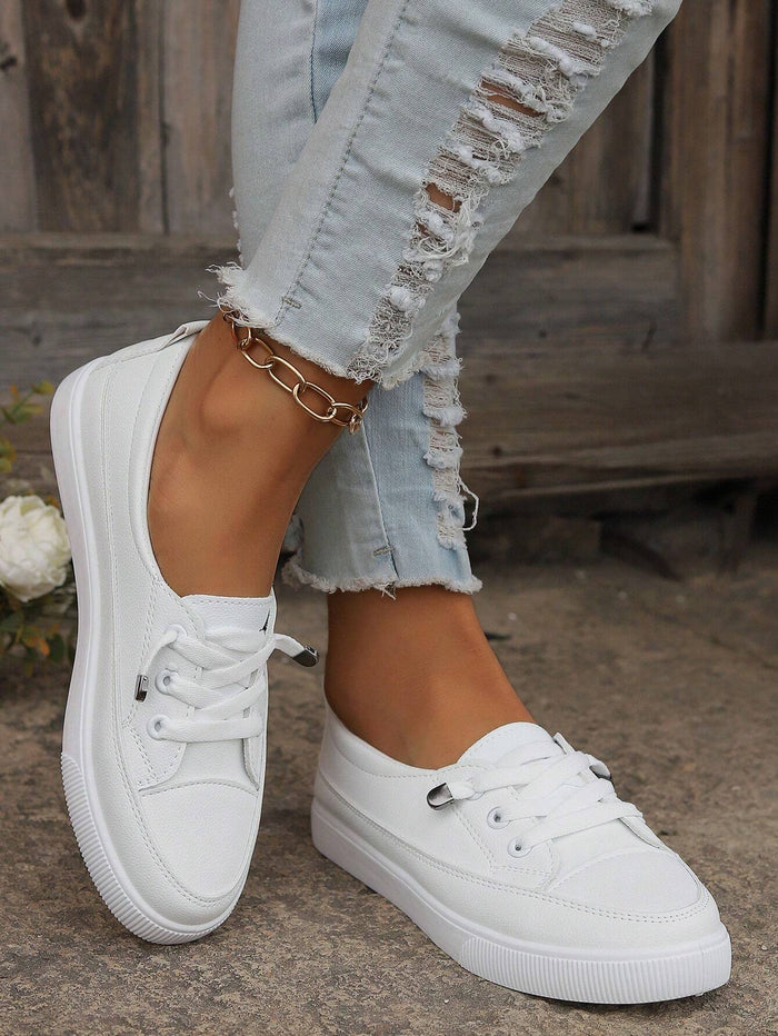 White Lace Up Platform Sneakers – Casual Low Top Everyday Shoes for Women