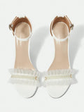 White Mid-Heel Sandals with Tulle and Pearl Details â€“ Elegant Formal Look