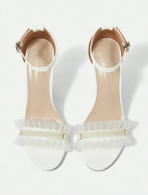 White Mid-Heel Sandals with Tulle and Pearl Details â€“ Elegant Formal Look
