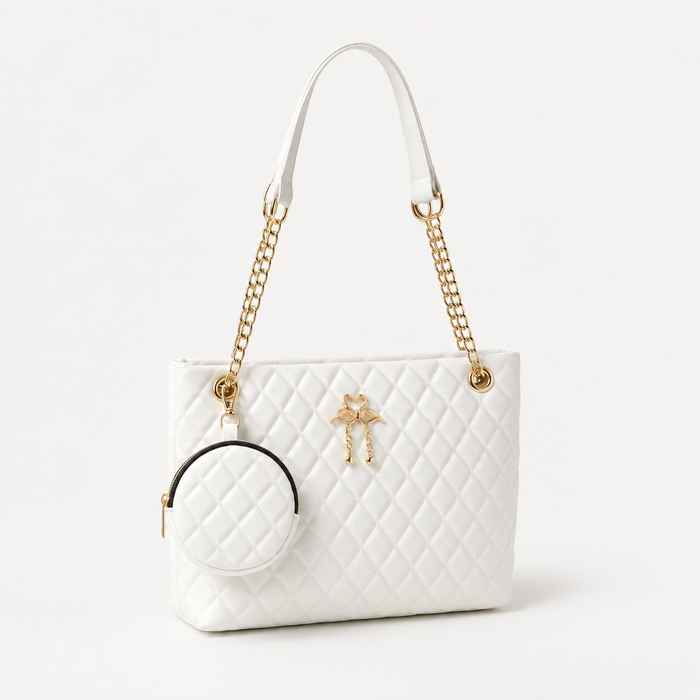 White Quilted Chain Tote Bag with Mini Pouch