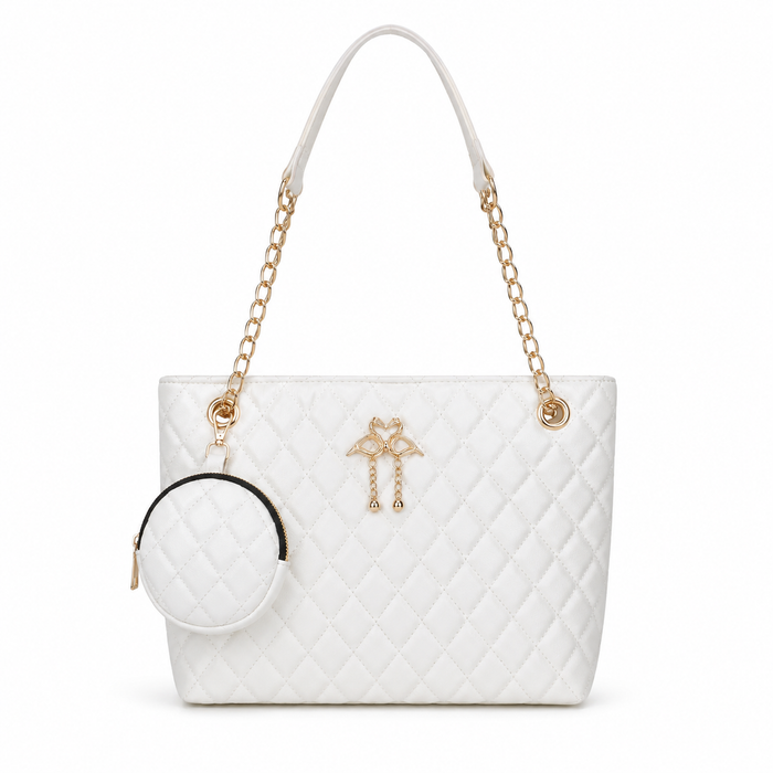 White Quilted Chain Tote Bag with Mini Pouch