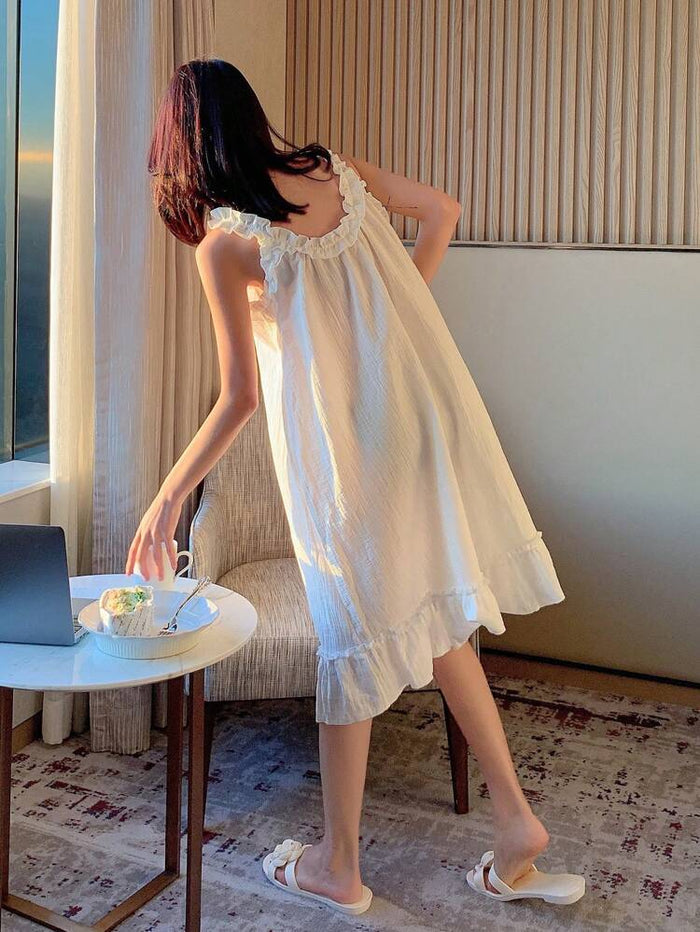 White Ruffle Trim Sleeveless Sleep Dress – Soft Loose Fit Nightwear Midi Dress for Women