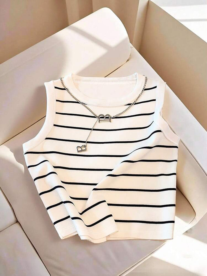 White Striped Sleeveless Knit Tank Top – Round Neck Casual Crop Top – Soft Stretch Everyday Fit
