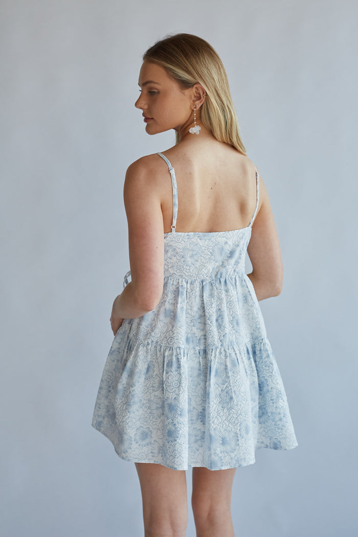 white and blue spag strap babydoll wrap mini dress | baby blue floral mini dress
