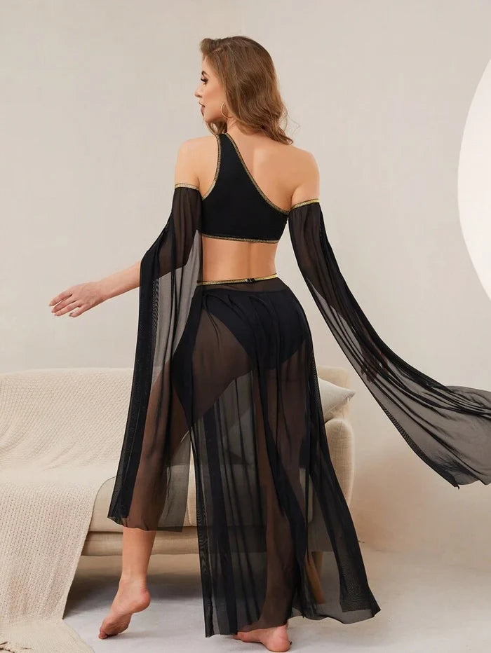 Women Belly Dance Costume Set – Sheer Skirt with Coin Belt & One Shoulder Top