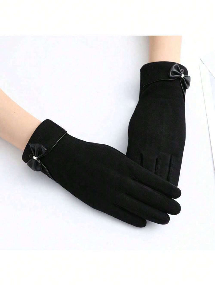 Women Black Bow Detail Gloves â€“ Elegant Winter Touchscreen Gloves