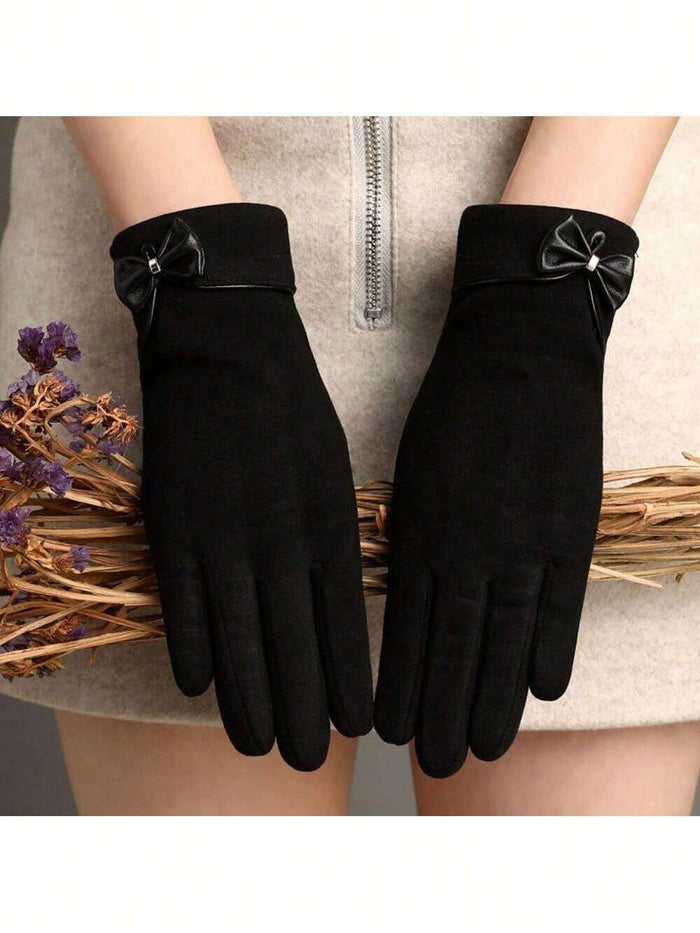 Women Black Bow Detail Gloves â€“ Elegant Winter Touchscreen Gloves