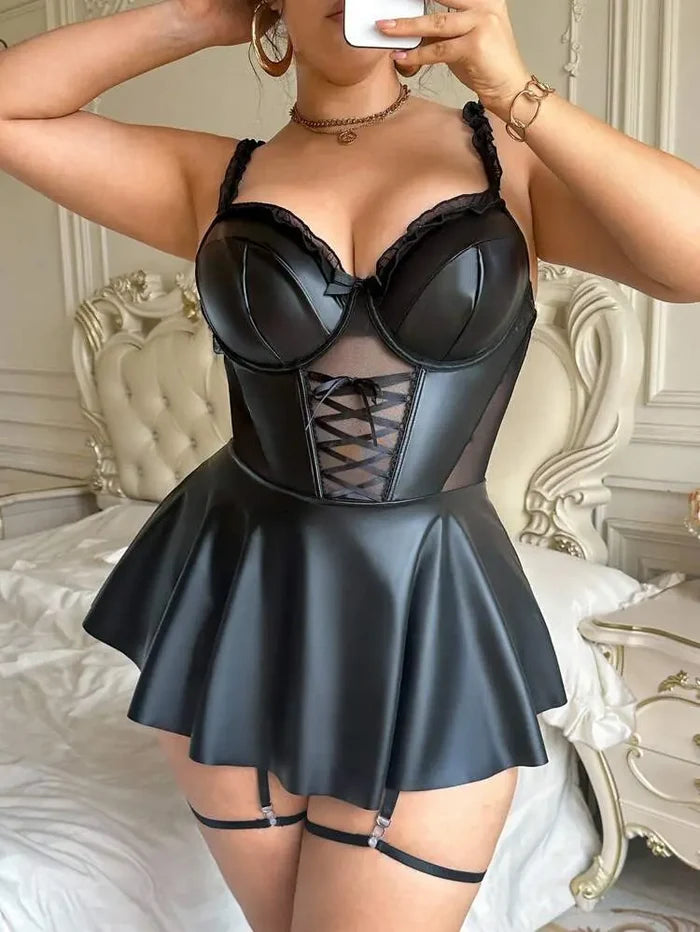 Women Black Faux Leather Corset Dress with Garters â€“ Shein Style Lingerie Dress
