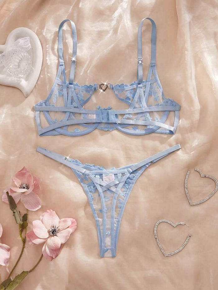 Women Blue Embroidered Lace Lingerie Set – Sheer Floral Bra & Thong
