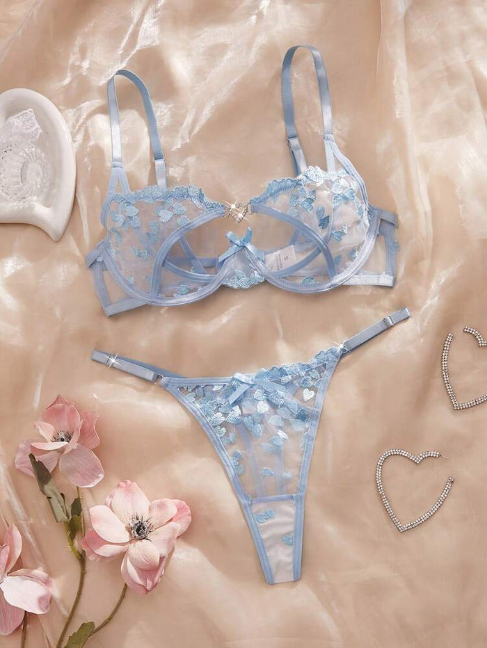 Women Blue Embroidered Lace Lingerie Set – Sheer Floral Bra & Thong