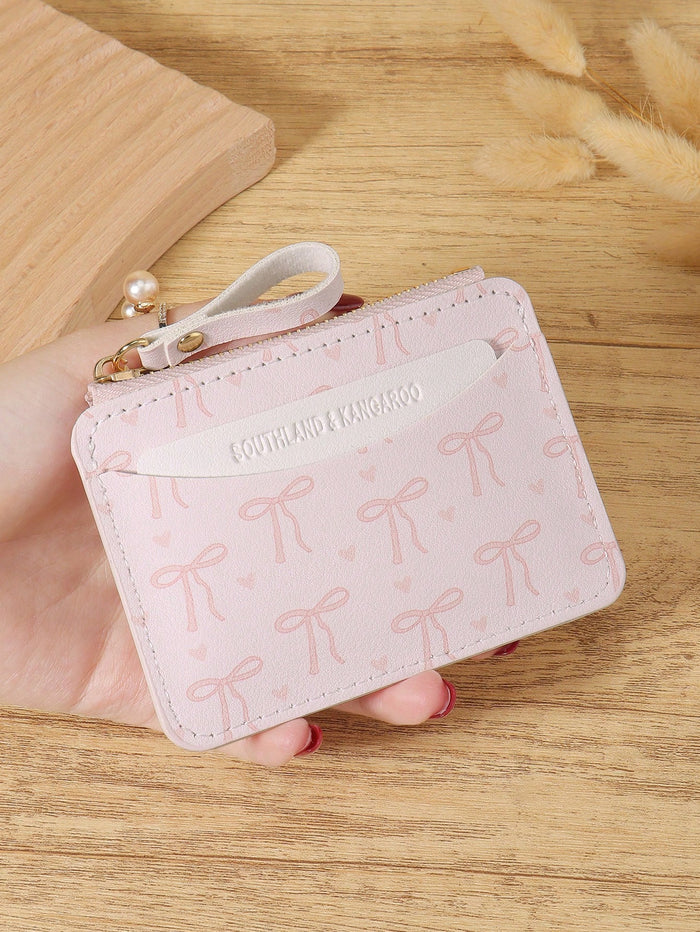 Women Bow Print Card Holder Wallet â€“ Light Pink
