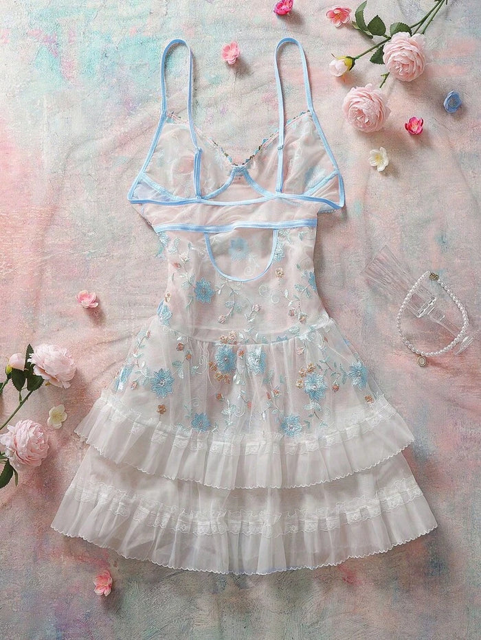 Women Butterfly Embroidered Babydoll Lingerie Dress – Sheer Mesh Nightwear
