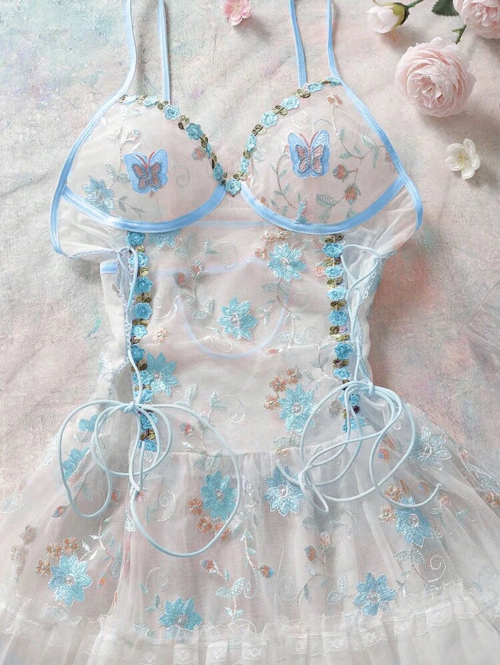 Women Butterfly Embroidered Babydoll Lingerie Dress – Sheer Mesh Nightwear
