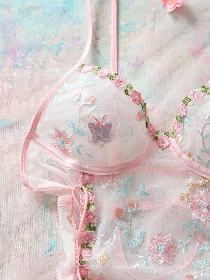 Women Embroidered Mesh Babydoll Dress – Floral Sheer Lingerie Nightwear