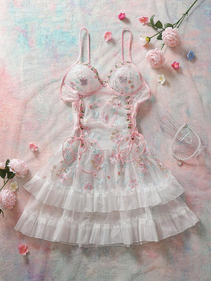 Women Embroidered Mesh Babydoll Dress – Floral Sheer Lingerie Nightwear