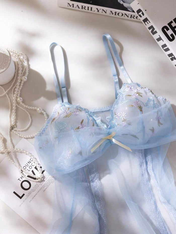 Women Embroidered Mesh Babydoll Lingerie Set – Sheer Nightwear with Matching Thong