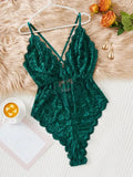 Women Emerald Green Lace Bodysuit â€“ Shein Style Deep V Lingerie Teddy