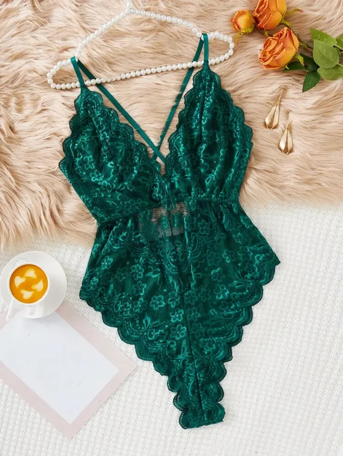 Women Emerald Green Lace Bodysuit â€“ Shein Style Deep V Lingerie Teddy