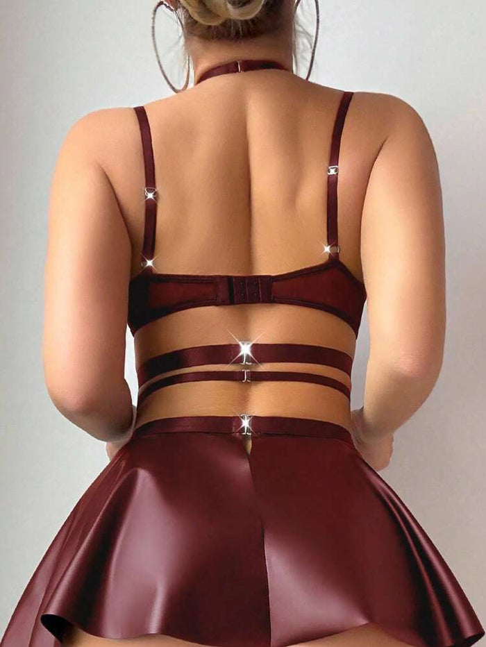 Women Faux Leather Lingerie Set – Strap Harness Top with Mini Skirt