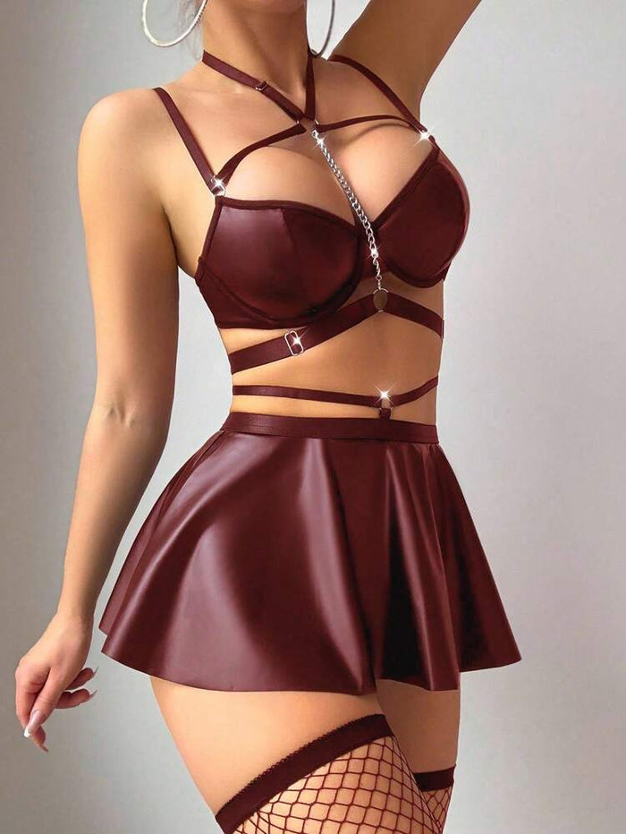 Women Faux Leather Lingerie Set – Strap Harness Top with Mini Skirt