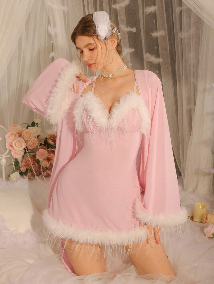 Women Feather Trim Lingerie Set – Pink Babydoll Nightdress with Robe