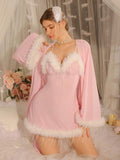 Women Feather Trim Lingerie Set – Pink Babydoll Nightdress with Robe
