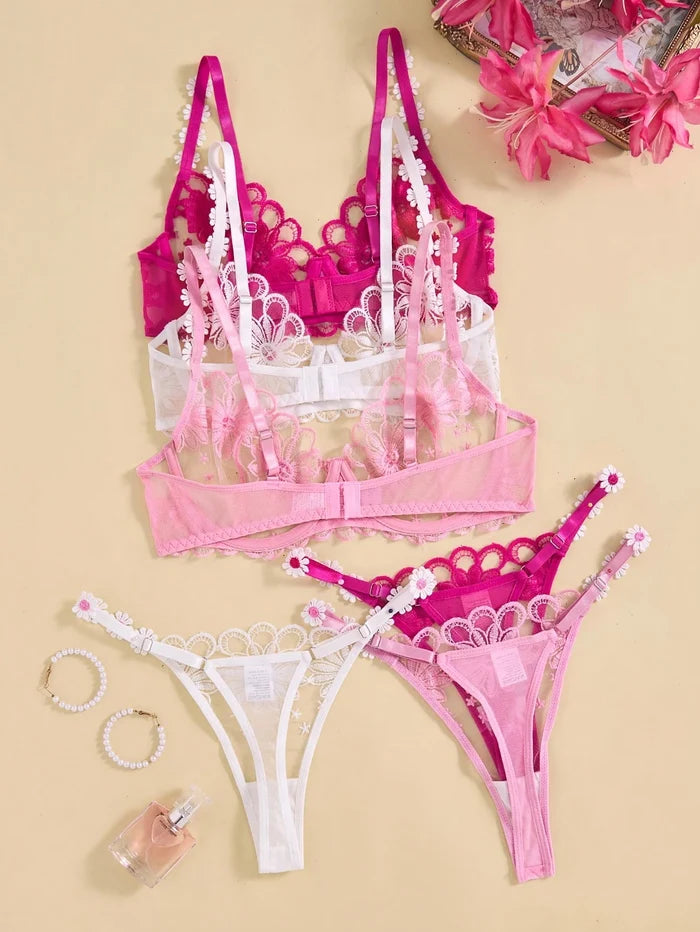 Women Floral Lace Lingerie Set – Sheer Embroidered Bra with Thong