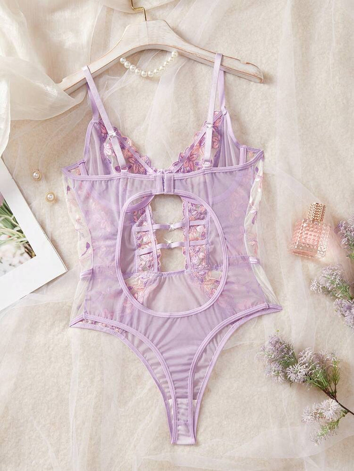 Women Floral Lace Mesh Bodysuit – Elegant Embroidered Lingerie