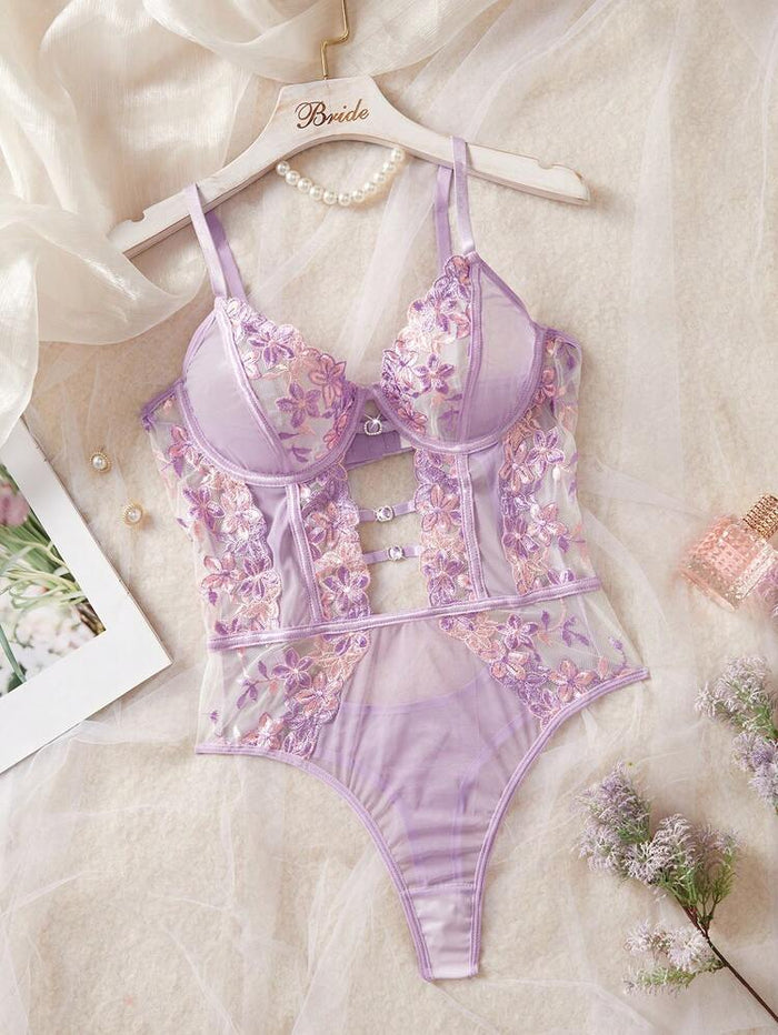 Women Floral Lace Mesh Bodysuit – Elegant Embroidered Lingerie
