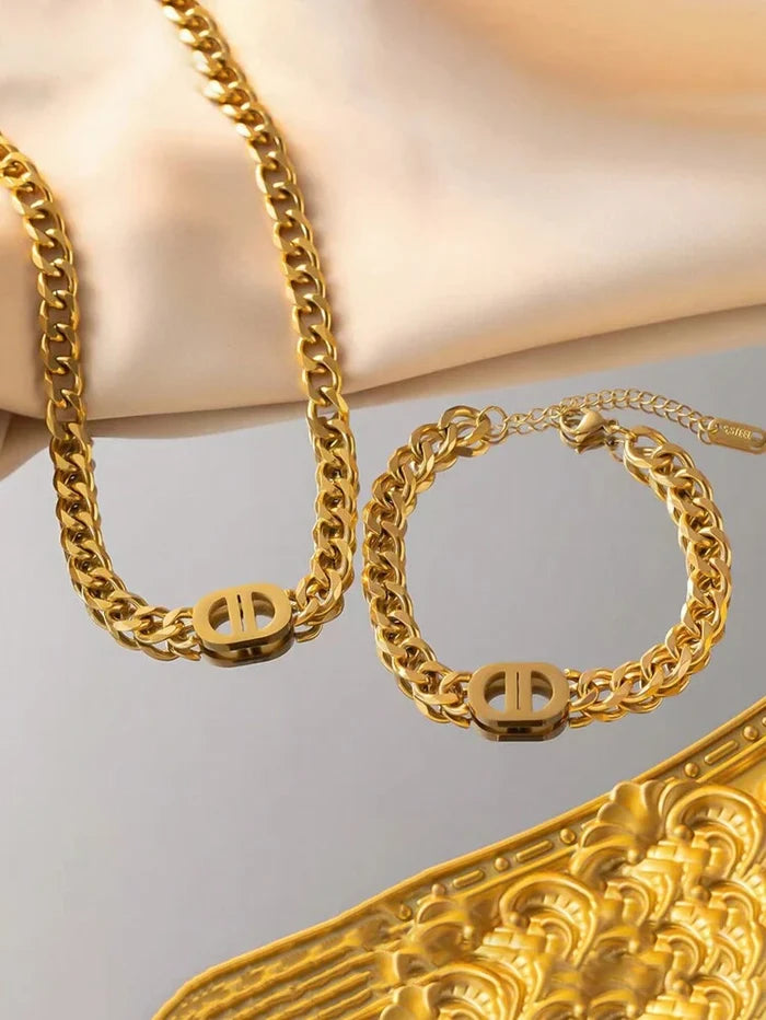 Women Gold Chain Necklace & Bracelet Set – Luxury Cuban Link Jewelry Set