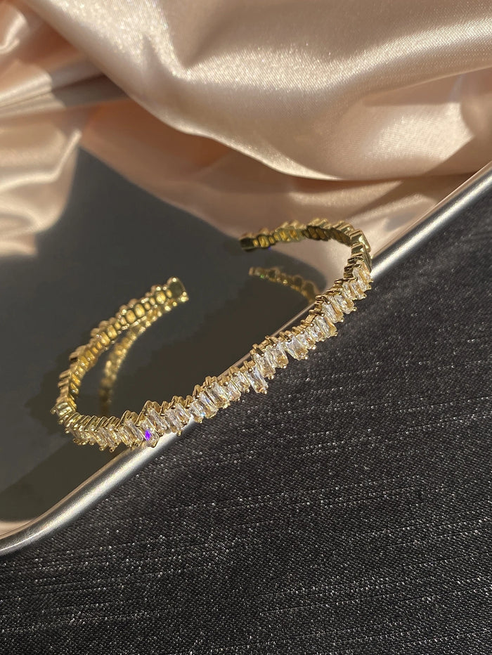 Women Gold Crystal Cuff Bracelet – Open Bangle with Zircon Stones