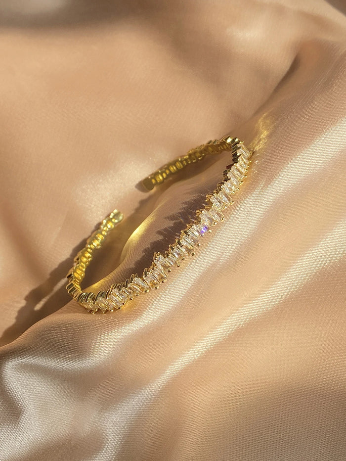 Women Gold Crystal Cuff Bracelet – Open Bangle with Zircon Stones