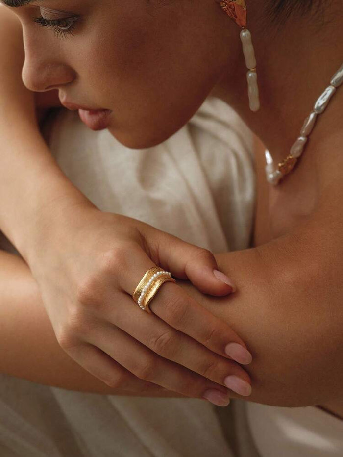Women Gold Pearl Ring – Elegant Layered Adjustable Ring