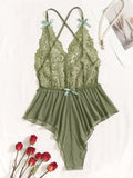 Women Green Lace Cross Back Bodysuit â€“ Shein Style Lingerie Teddy
