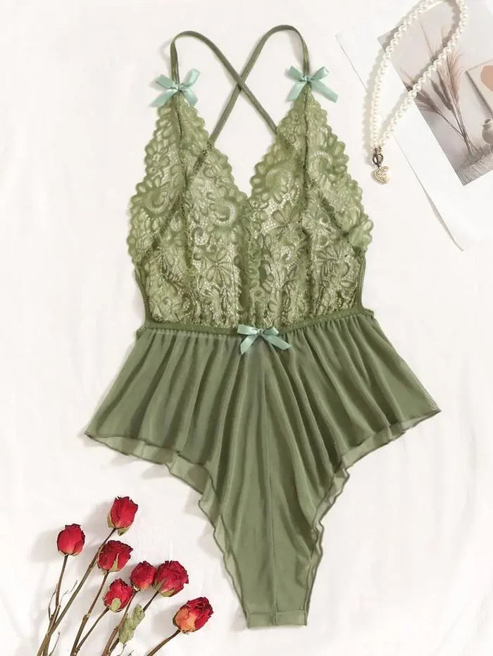Women Green Lace Cross Back Bodysuit â€“ Shein Style Lingerie Teddy